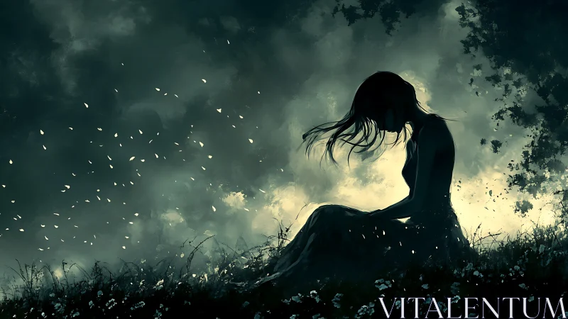 Quiet silhouette girl resting in a dreamy night meadow.