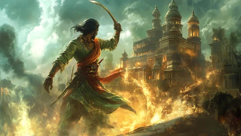 Warrior confronts burning citadel in dynamic fantasy tableau