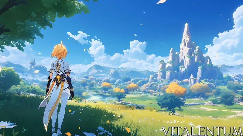 Golden-haired traveler gazes toward a bright, magical kingdom