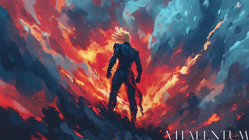 Lone warrior rises through blazing abstract firestorm