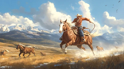 Cowboy on horseback driving herd across open mountain plain.