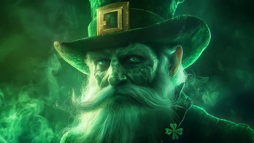 Emerald spectral leprechaun portrait with volumetric green fog.