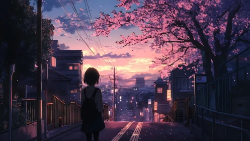 Backlit schoolgirl observes sunset street under sakura canopy