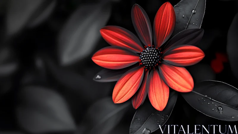 Vivid Red Flower Dancing Against Moody Shadows.