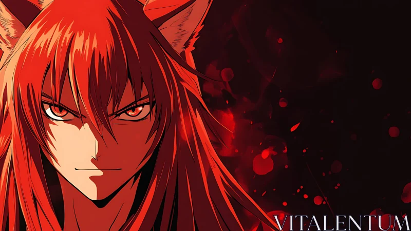 Fox-eyed anime warrior radiates fierce crimson power.