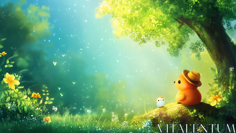 Small orange creature on forest rock in sunlit clearing.