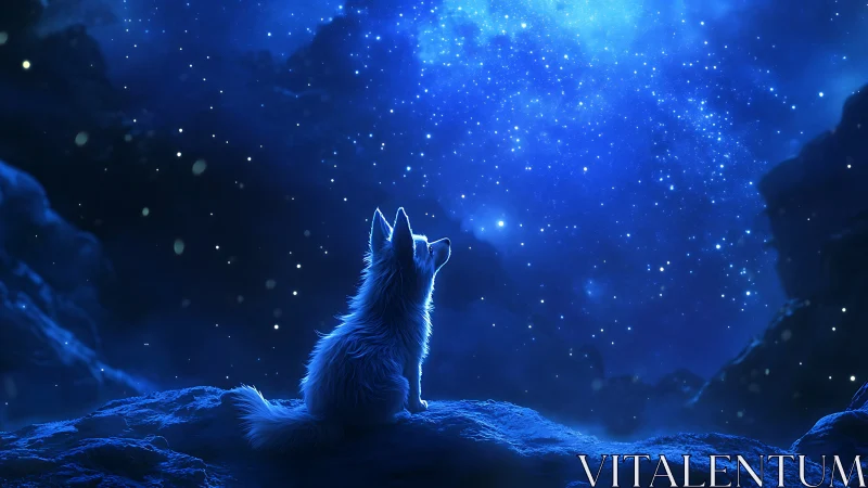 Stargazing fox curls beneath a shimmering cobalt sky