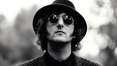 Monochrome portrait of person in hat and round glasses.