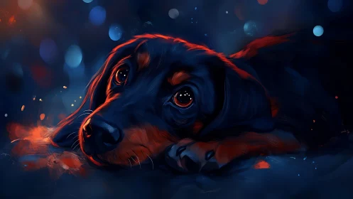 Gazing dachshund in neon blue and ember brushed light.
