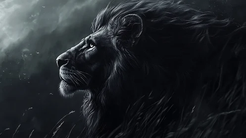 Monochrome digital lion profile with dramatic chiaroscuro.