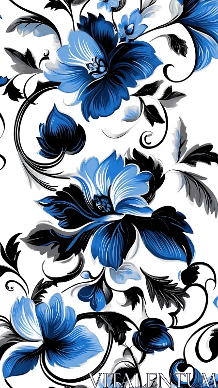 Blue and Black Botanical Ornament Pattern with Scrolling Vines