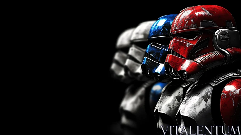 Tri-color sci-fi combat helmets with worn armor textures