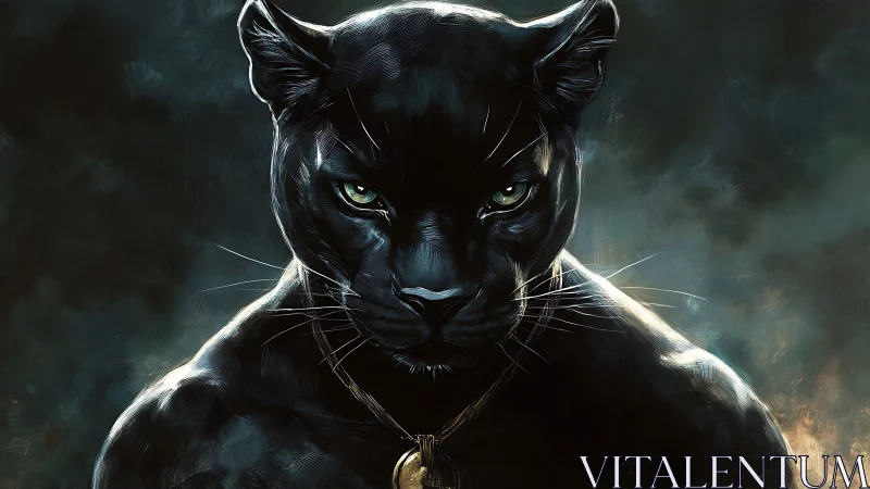 Black panther portrait with luminous amber eyes rendered in dramatic chiaroscuro