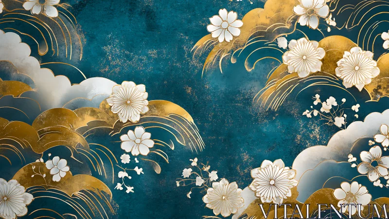 Gold wave motifs with white florals on teal textured ground