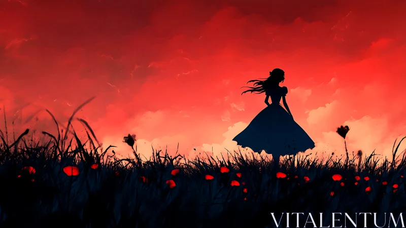 Silhouetted girl stands in glowing red sunset field