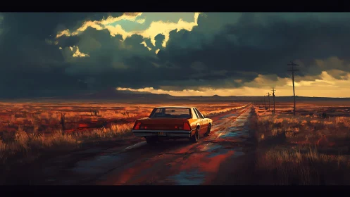 Solitary sedan advances along rain-soaked desert road at dusk