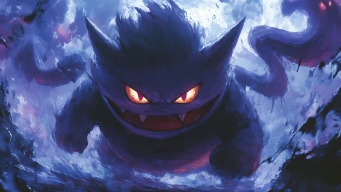 Ghostly creature charges through stormy violet mist