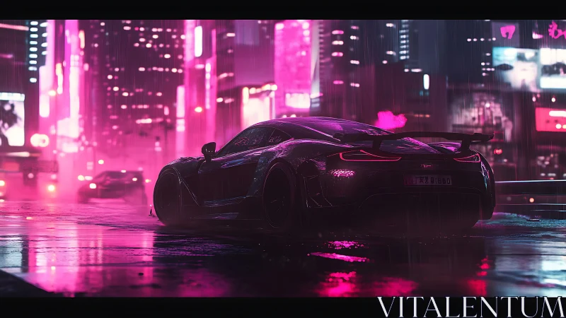 Sleek neon sports car glowing in a rainy cyberpunk night.