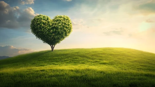 Heart-Shaped Tree on Green Hill Under Luminous Sky