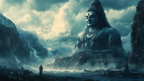 Colossal stone deity statue dominates misty mountain valley.