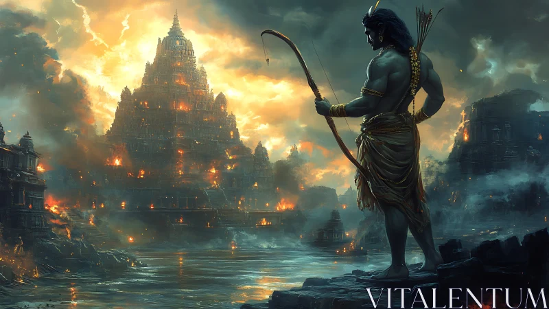 Warrior of twilight watches a burning mythic cityscape.