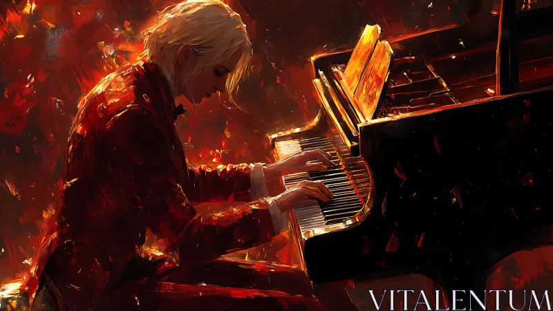 Virtuosic pianist in red, illuminated by fiery abstract light