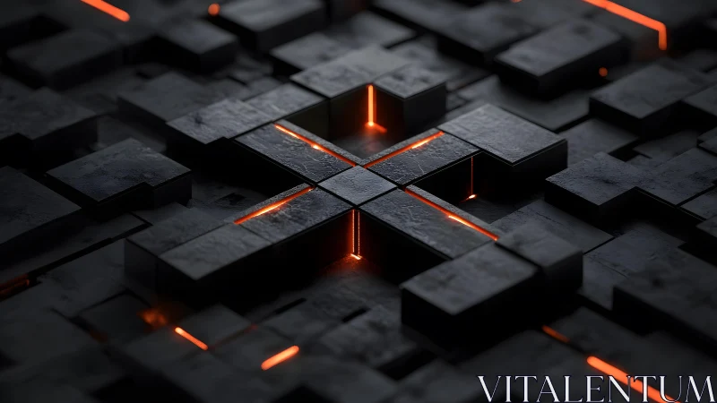 Futuristic black geometric blocks with glowing orange lines, digital art. Futuristic black geometric blocks with glowing orange lines, digital art.