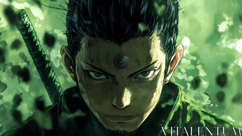 Intense warrior with forehead mark stares forward in green haze