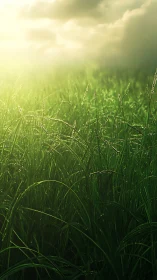 Sunlit dewy grassland glowing under a gentle morning sky.