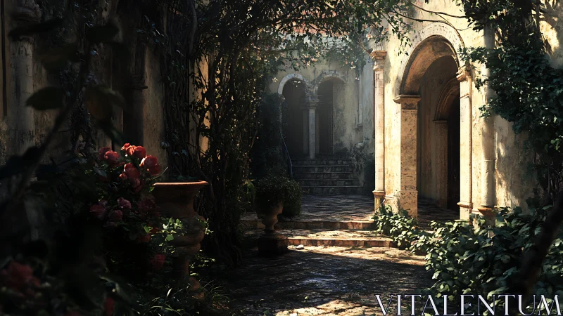 Sunlit stone courtyard with arches and overgrown vines.