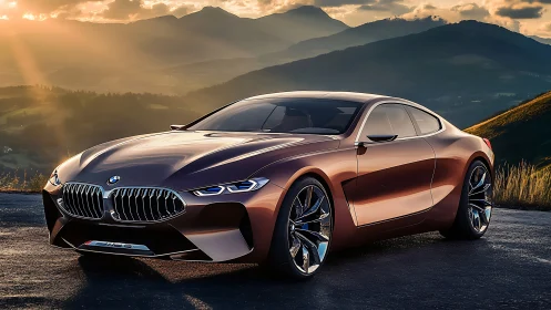 Sunlit copper BMW coupe concept on winding mountain pass.