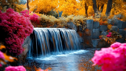 Vibrant garden waterfall rendered in hyper-saturated color contrast