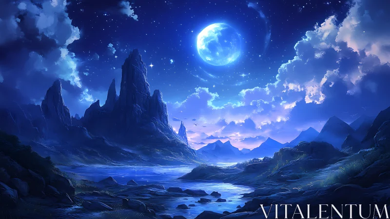 Nocturnal river valley under full moon and distant peaks.