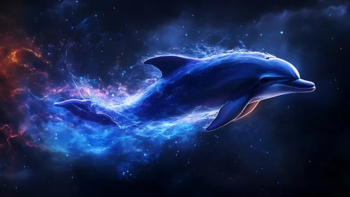 Cosmic tide rider dolphin streaking through starry nebulae.