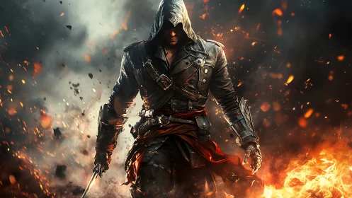 Hooded fireborn rogue strides through a storm of embers.