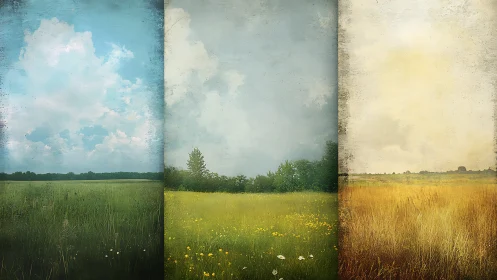 Triptych landscape shows seasonal change across open fields