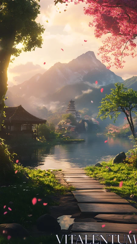 Serene lakeside path facing distant pagoda and mountain.