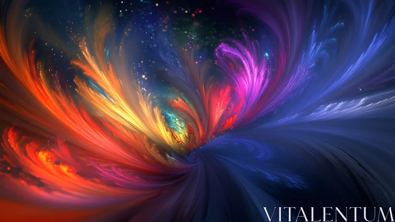 Multicolored abstract energy plumes on dark swirling field.