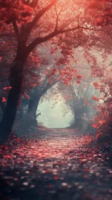 Crimson forest path glows under soft ethereal backlight.