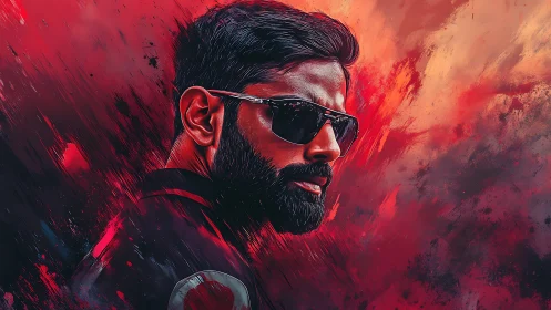 Stylized male portrait in dynamic red brushstroke environment.