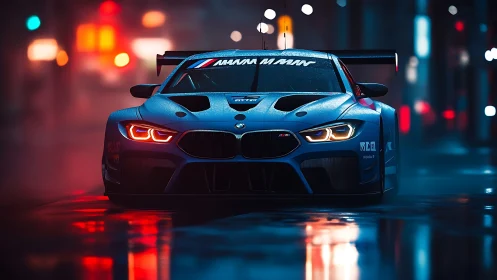 Midnight blue race car idling under neon city rainlights.