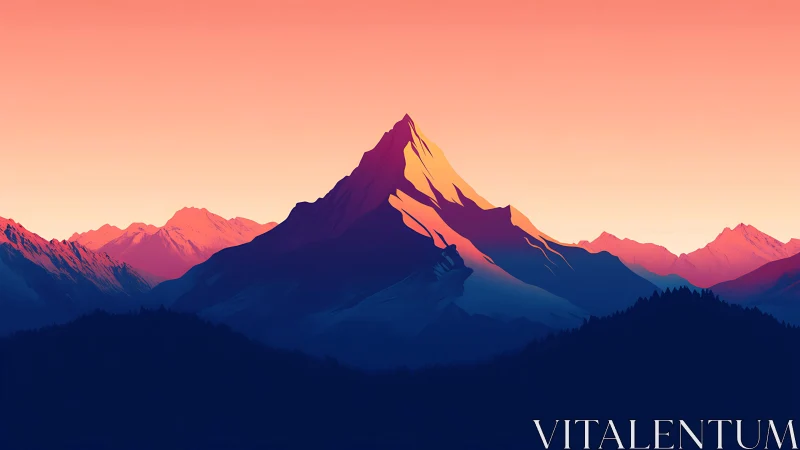 Sunrise glow over tranquil illustrated mountain peaks.