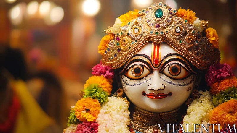 Vibrant Hindu deity idol with ornate crown and garlands.