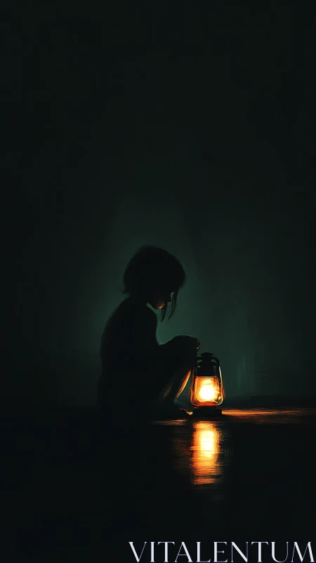 Child&rsquo;s silhouette guards a single lantern in deep darkness.