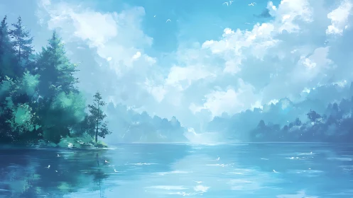 Atmospheric perspective defines tranquil lake under volumetric clouds