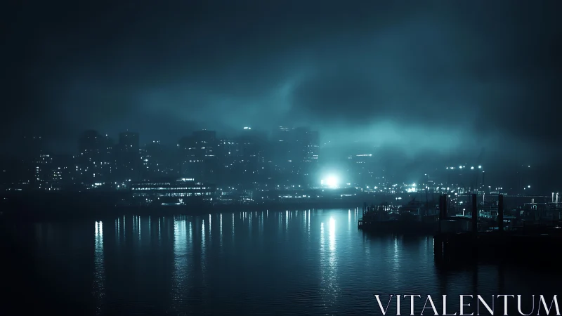 Foggy waterfront city skyline with blue night illumination.