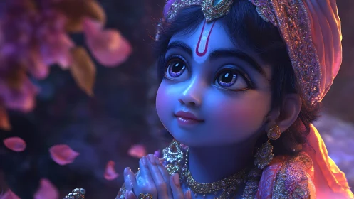 Child deity portrait in ornate attire under soft light.