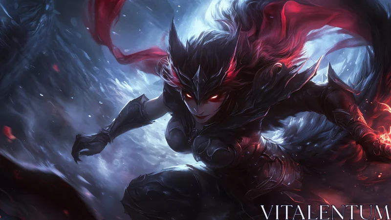 Dark armored heroine surges through swirling crimson storm