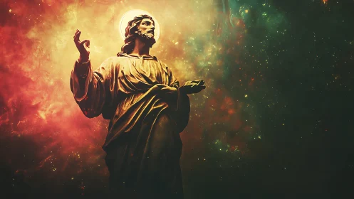 Statue of robed figure stands illuminated against cosmic nebula