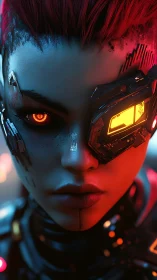 Cybernetic woman portrait shows glowing eye and visor implant